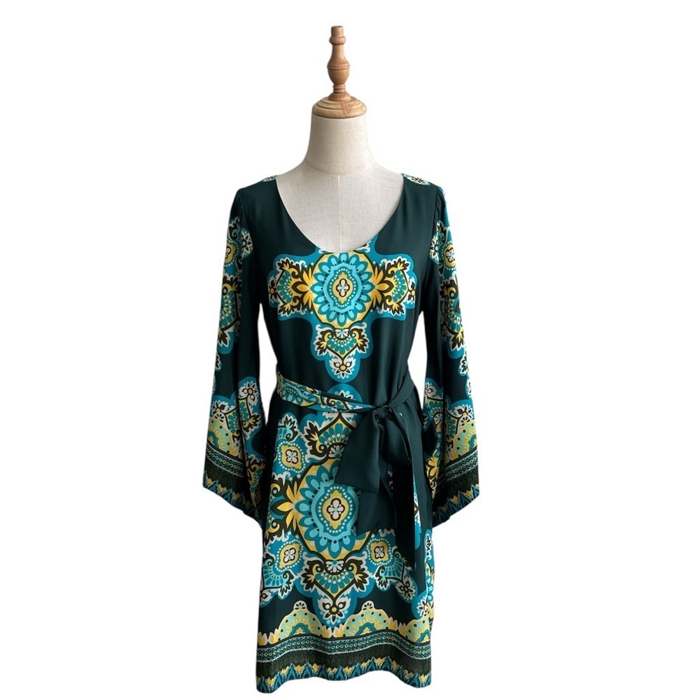 Anthropologie Uncle Frank Green Yellow Paisley Print Shift Dress Boho Size Small
